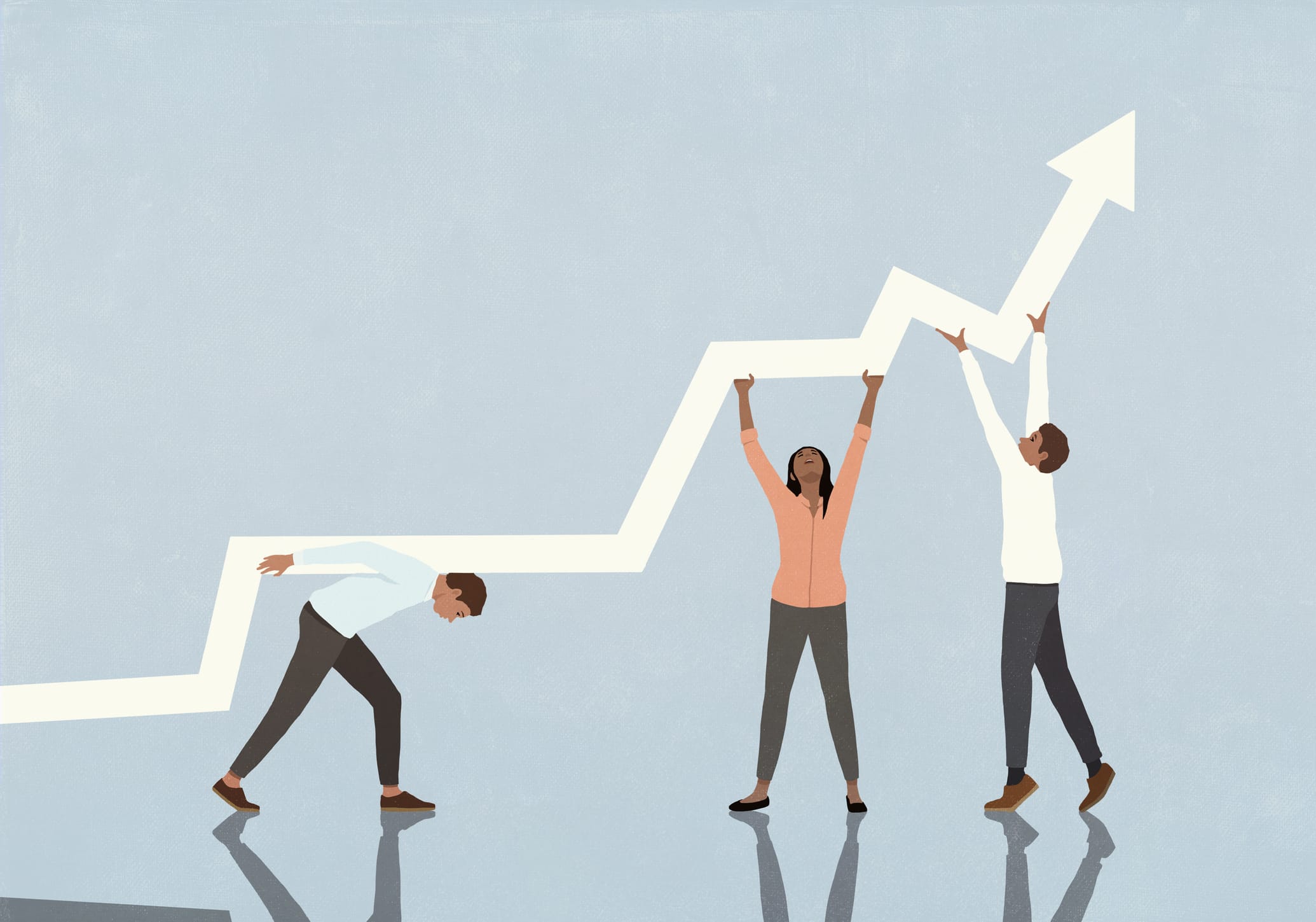 Business people trying to lift chart arrow upwards